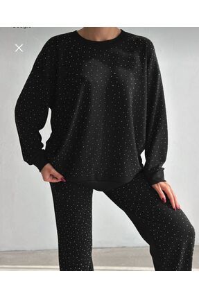 tülaybutik kadın modal kumaş siyah full taşlı alt üst eşofman takımı