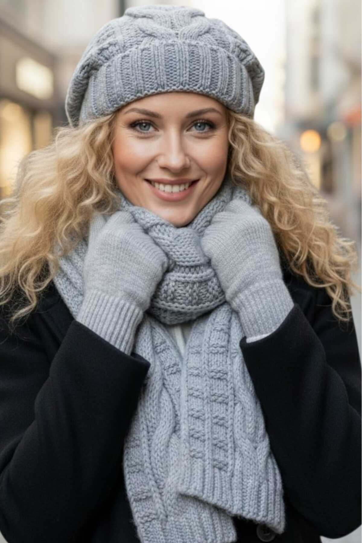 Trenderrs Kadın Örgü Desenli Bere Atkı Eldiven Takım