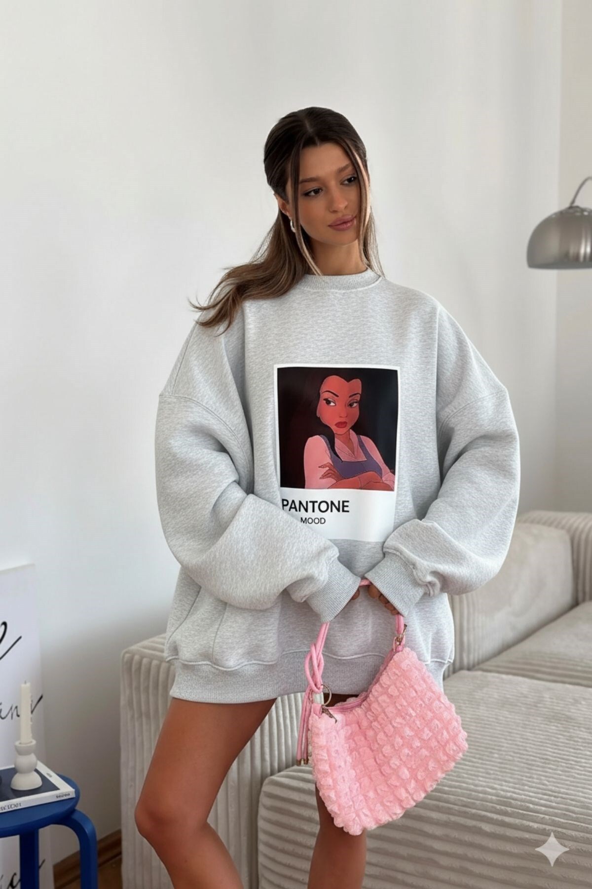 Women's Oversize Sweatshirt Dress Gray Melange - 3 Thread Raised, Crew Neck, Pantone - princess printed
