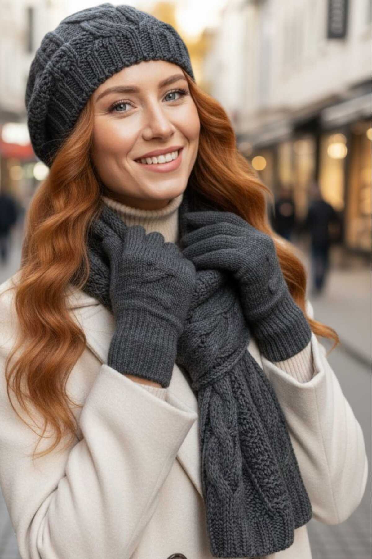 Trenderrs Kadın Örgü Desenli Bere Atkı Eldiven Takım