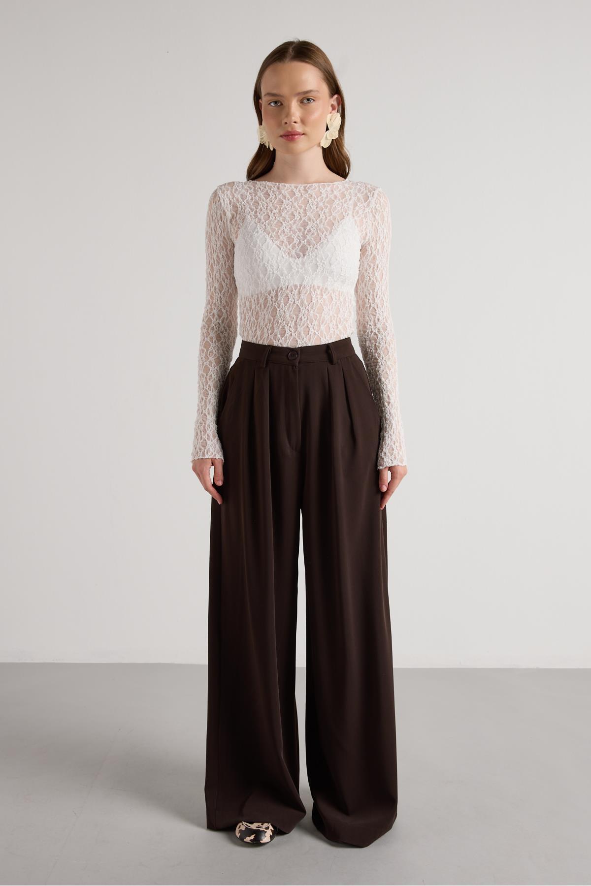 minaaise  Kadın Kahve Pileli Palazzo Pantolon 30068 - Görsel 6