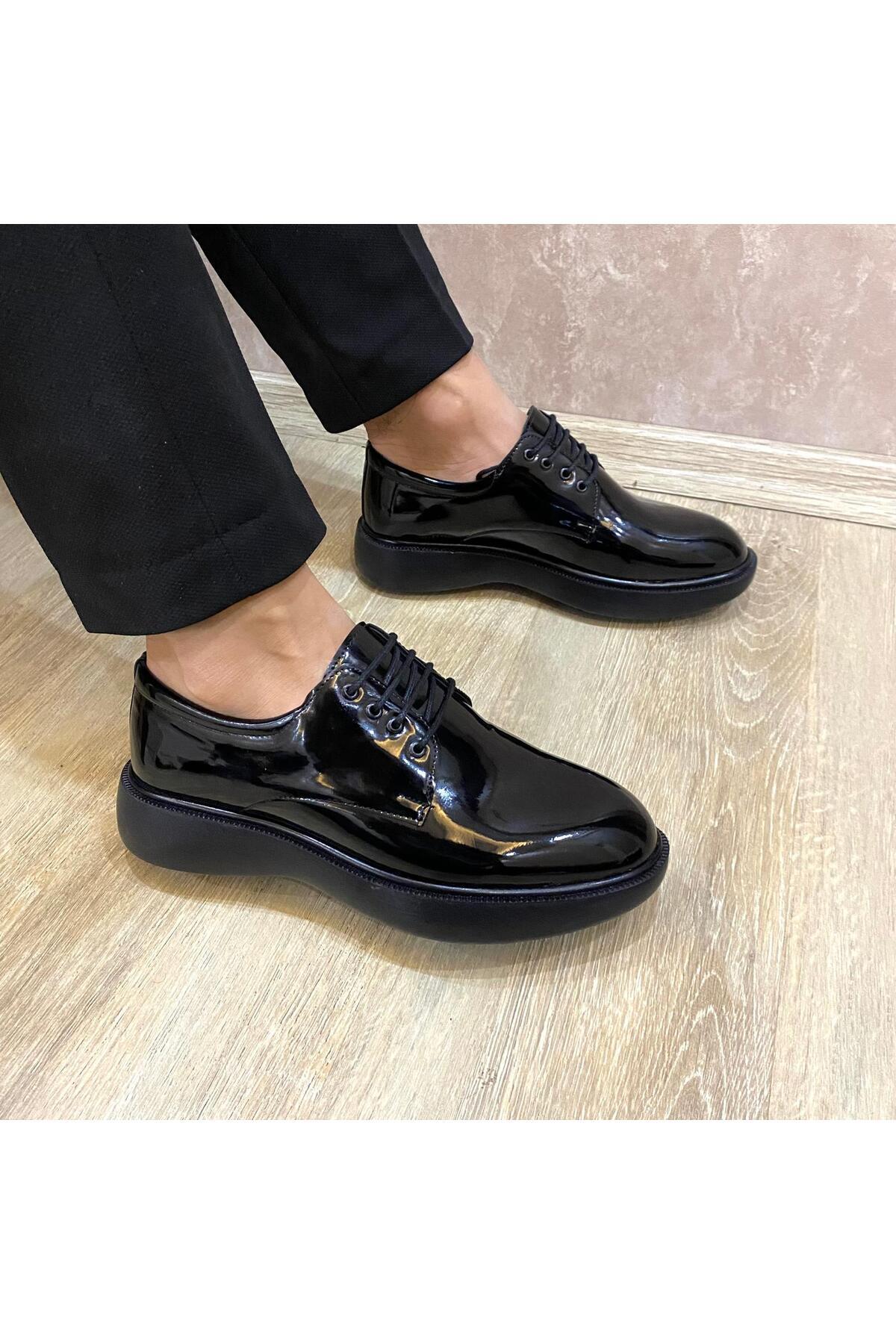 Victoris  Siyah Parlak Kalın Taban Erkek Klasik Ayakkabı – Bağcıklı, Ortopedik ve Günlük Kullanıma Uygun - Görsel 4