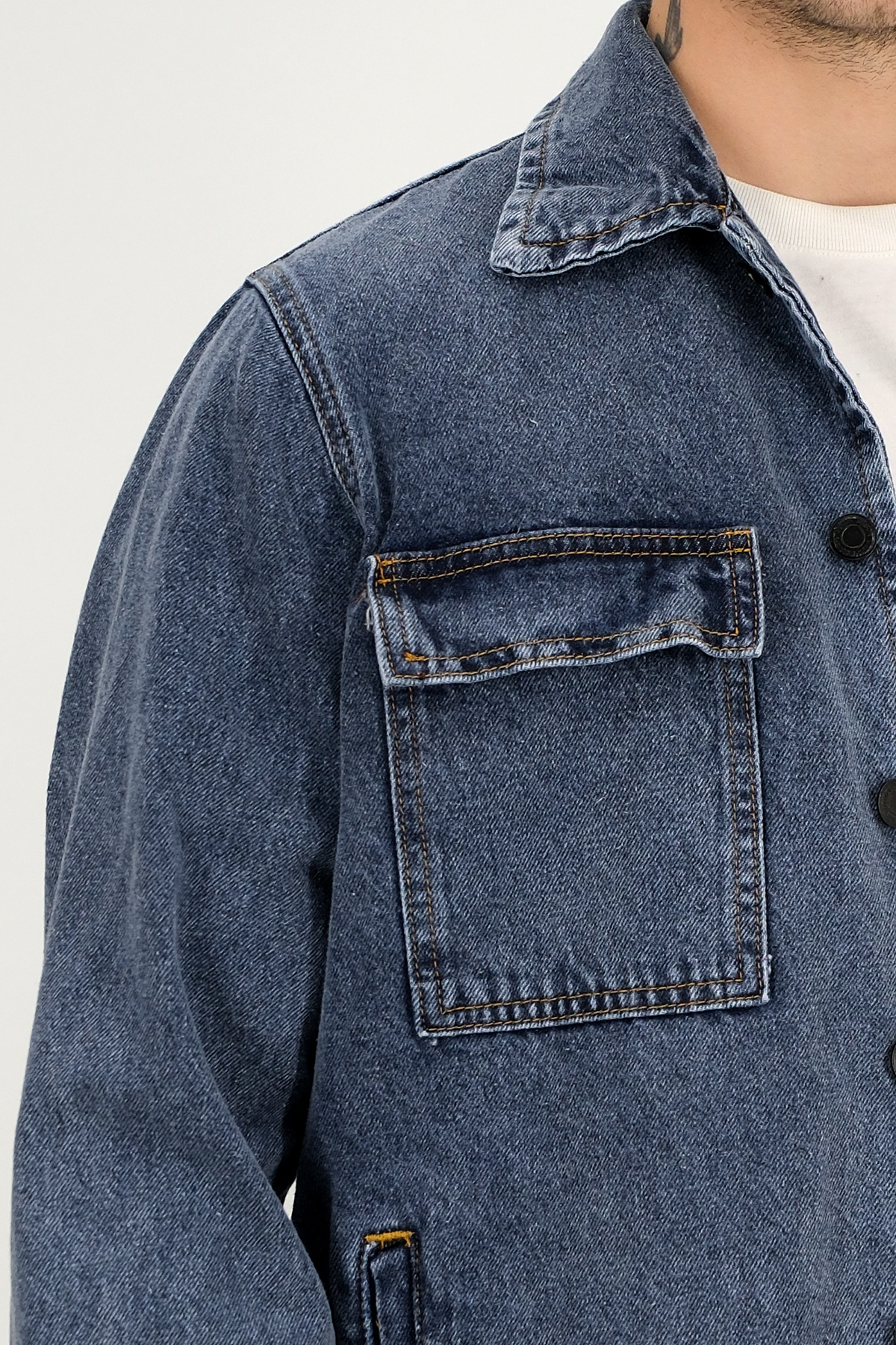 Souris  Erkek Lacivert Yıkamalı Kot Ceket Gömlek Yaka Kapaklı Çift Cep - Görsel 7