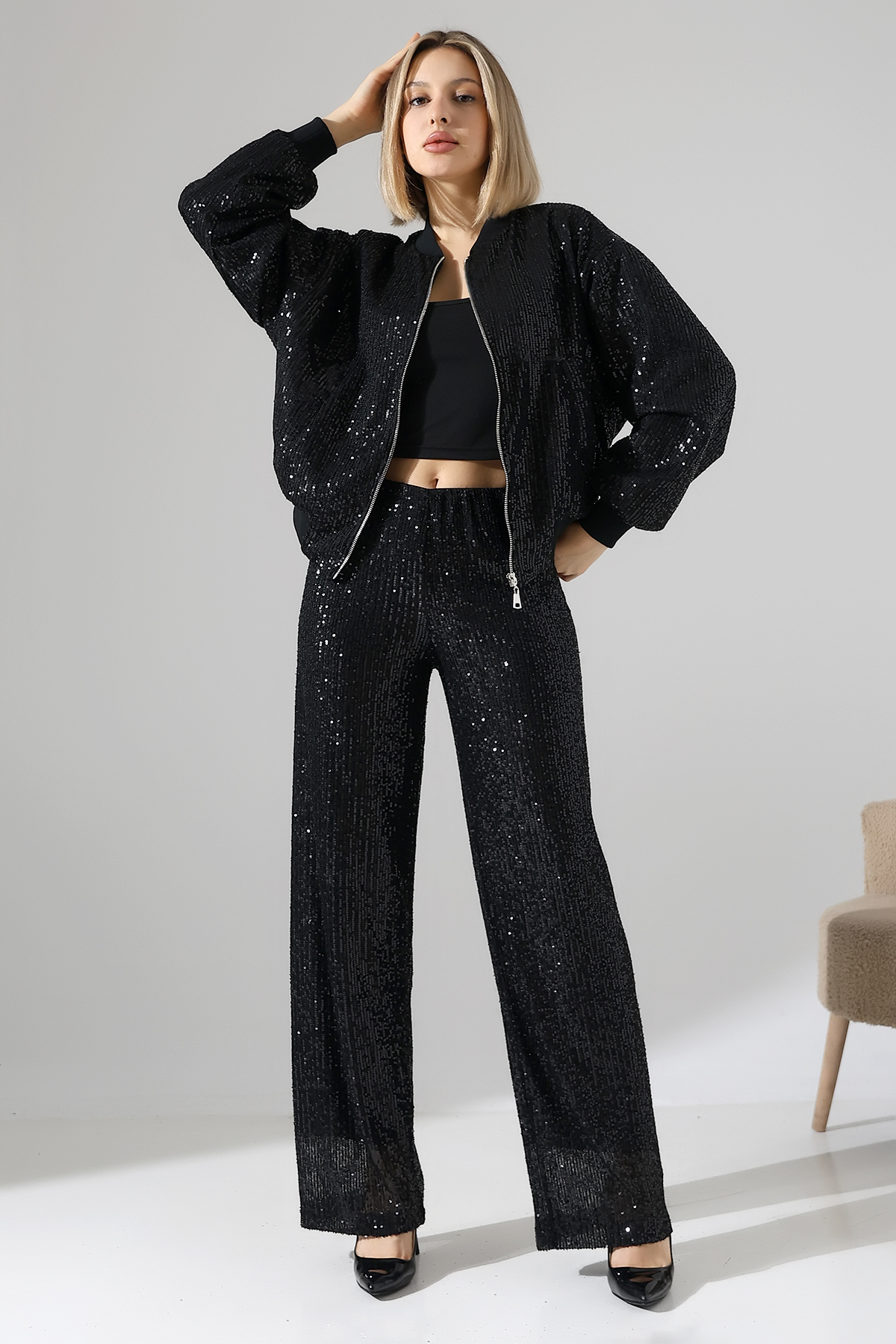 Thil  Kadın Payetli Fermuarlı Bomber Ceket - Görsel 3