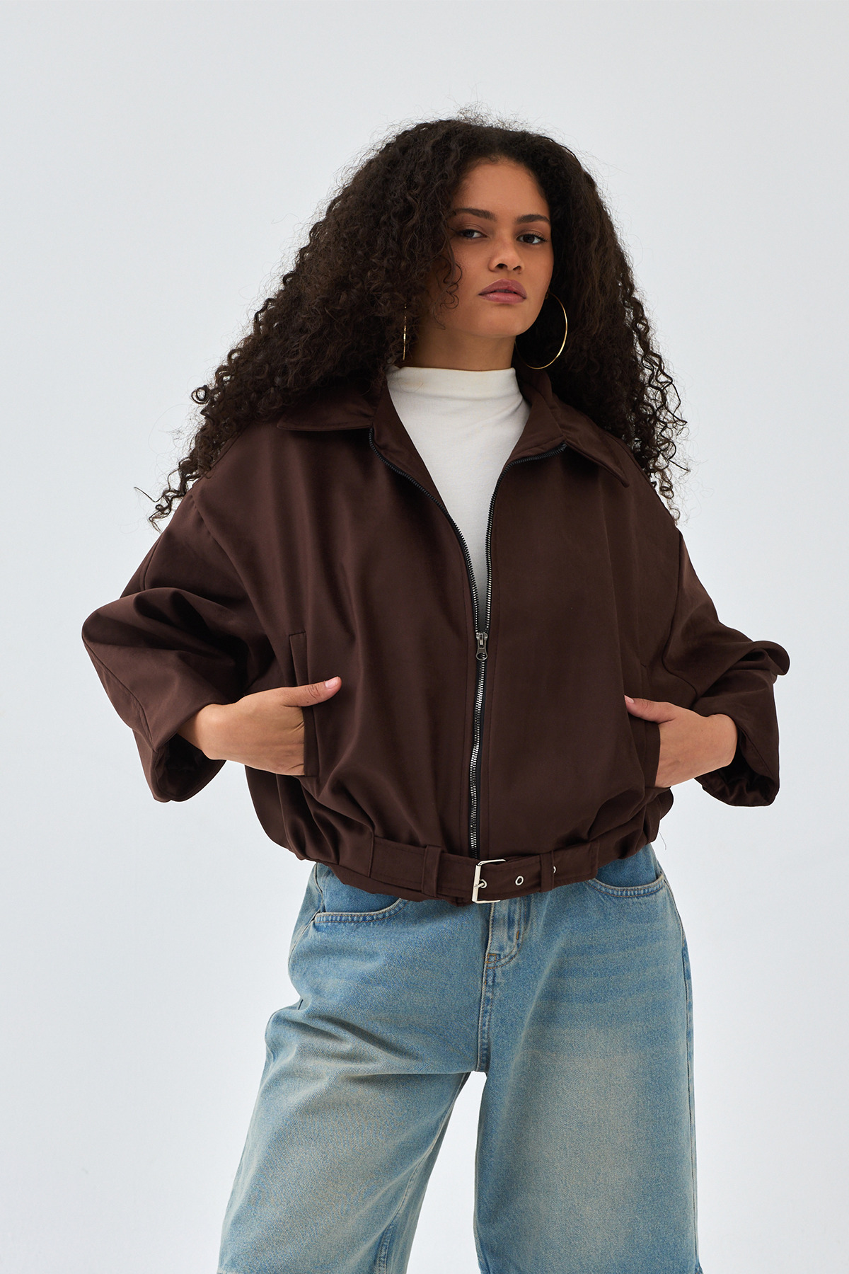 NET OF NOT  Kemerli Oversize Kadın Bomber Acı Kahve Süet Deri Ceket - Görsel 2
