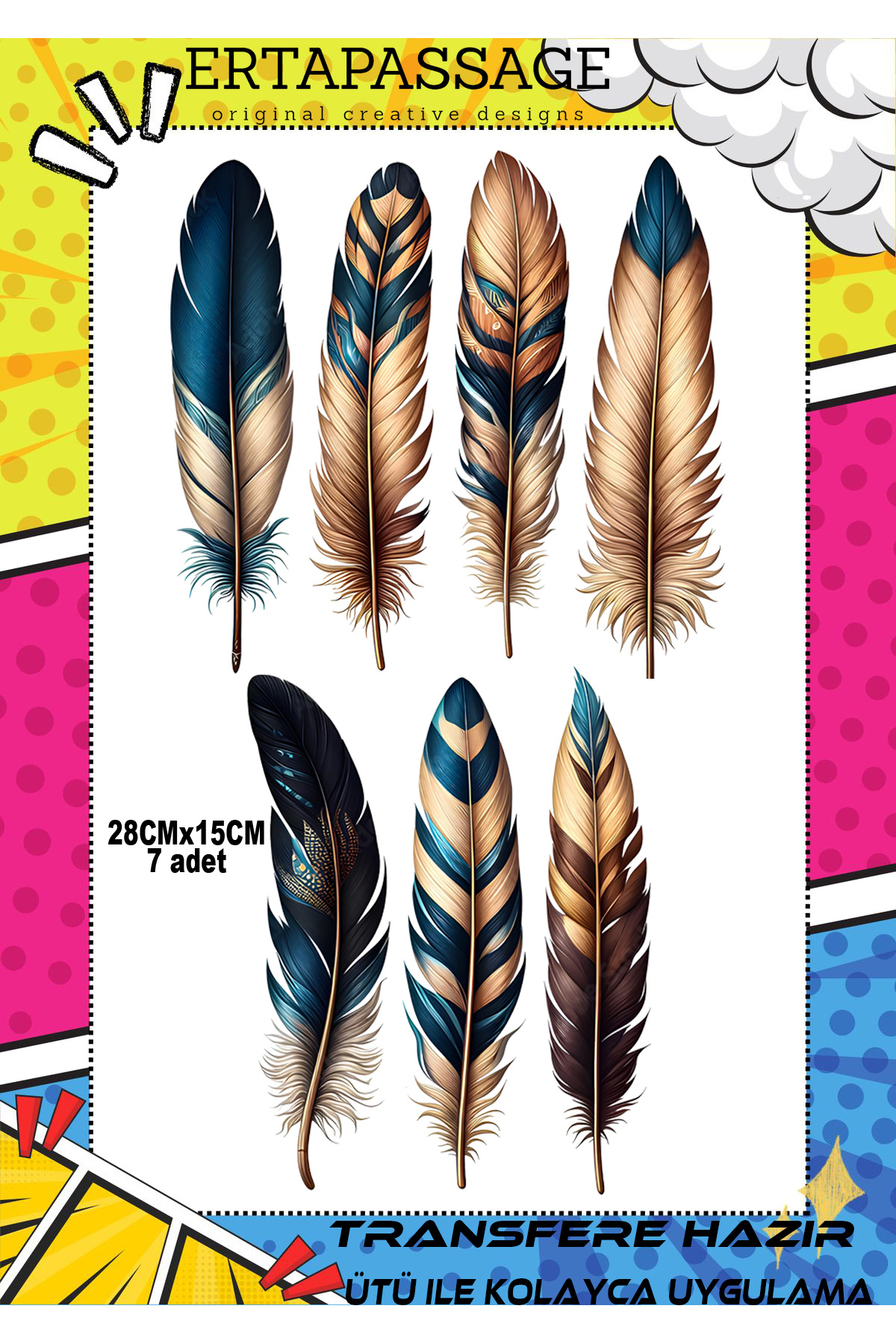 ErTaPassage Boho 3 Renkli Tüy Ütüyle DTF Transfer Deseni Kumaş, Tişört, Çanta İçin Uygun