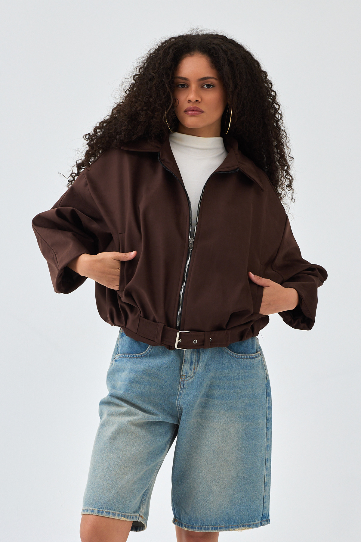 NET OF NOT  Kemerli Oversize Kadın Bomber Acı Kahve Süet Deri Ceket - Görsel 4