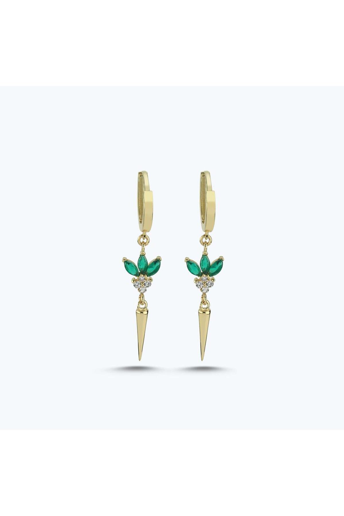 Altınbaş Yeşil Taşlı Sallantılı Altın Halka Küpe