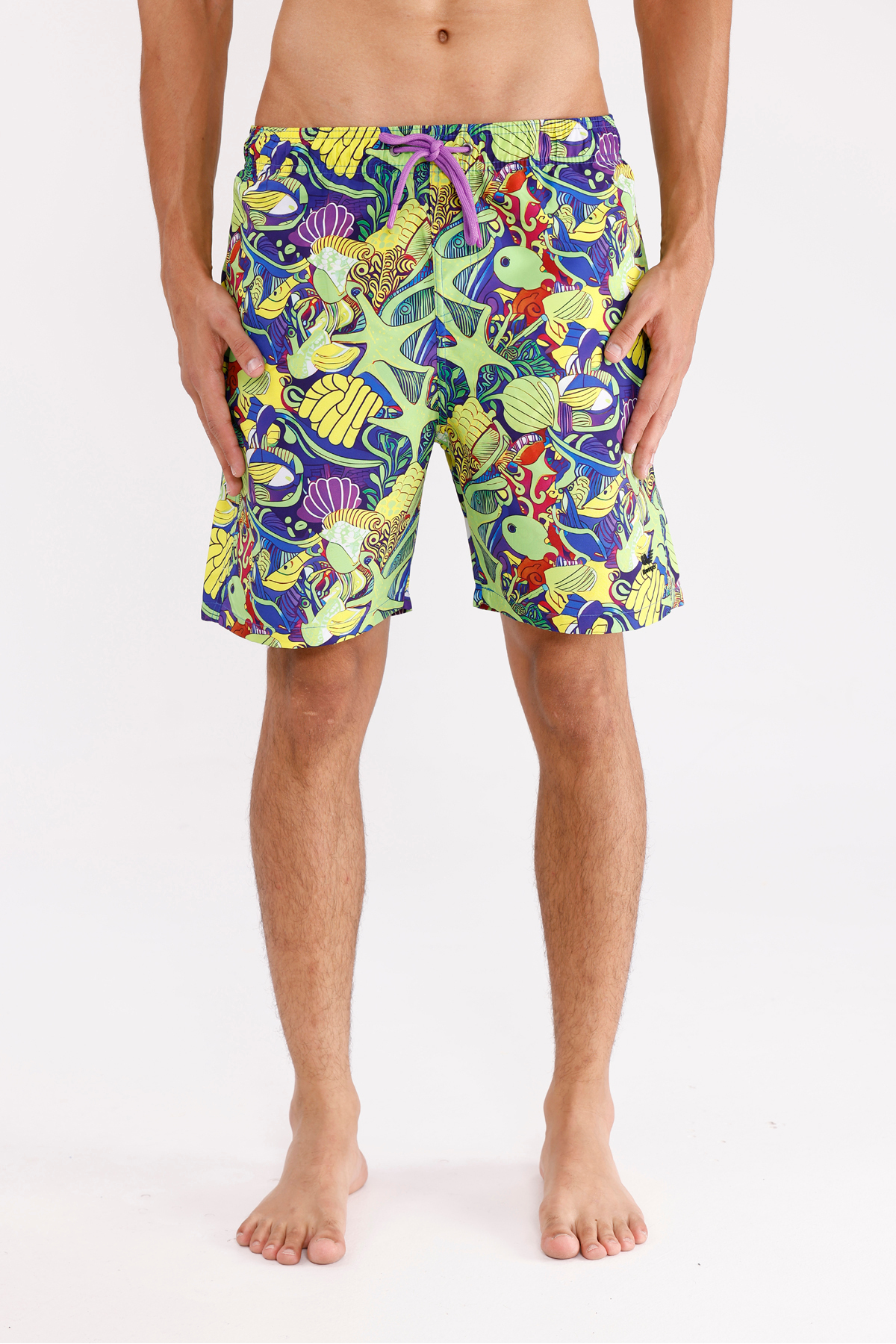 Rowinger Nautical Themed Patterned Lightweight Textured Drawstring Waist Adjustable Side Pockets Above Knee Relaxed Fit Sea Shorts