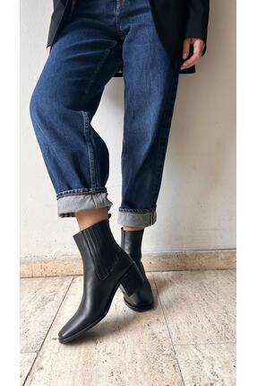 ESSO LA MİA Kadın KÜT Burun Çift Lastikli Kalın Topuklu BotSİYAH DERİ ÇİLT