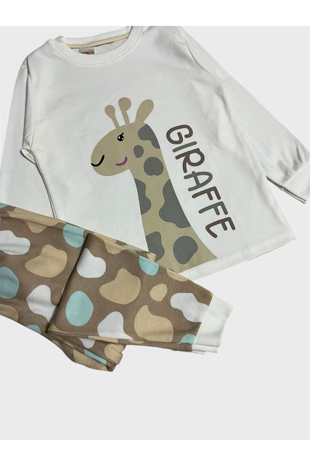 Genel Markalar Kız Çocuk %100 Pamuklu Beyaz Zürafa Desenli Uzun Kollu Pijama Takımı fotoğrafı 4 (önizleme)