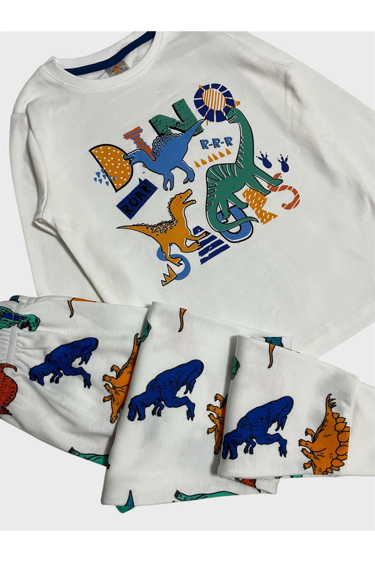 elmas kids Erkek Çocuk %100 Pamuklu Beyaz Dinozor Desenli Uzun Kollu Pijama Takımı fotoğrafı 2 (önizleme)