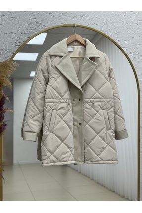 BENAHOLL Alva Düğmeleri Çıtçıtlı Beli Sıkmalı Kapitone Kısa Mont-EN2108 Taş