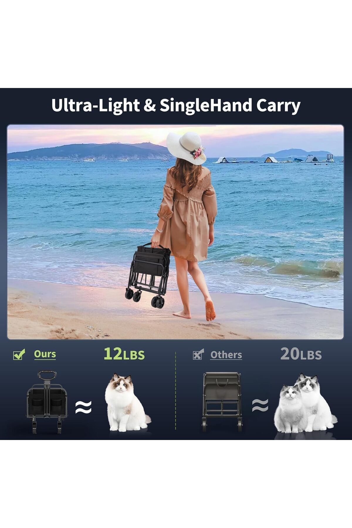 عربة تخييم خارجية قابلة للطي مزودة بفرامل وعجلات لجميع التضاريس ومقبض قابل للتعديل