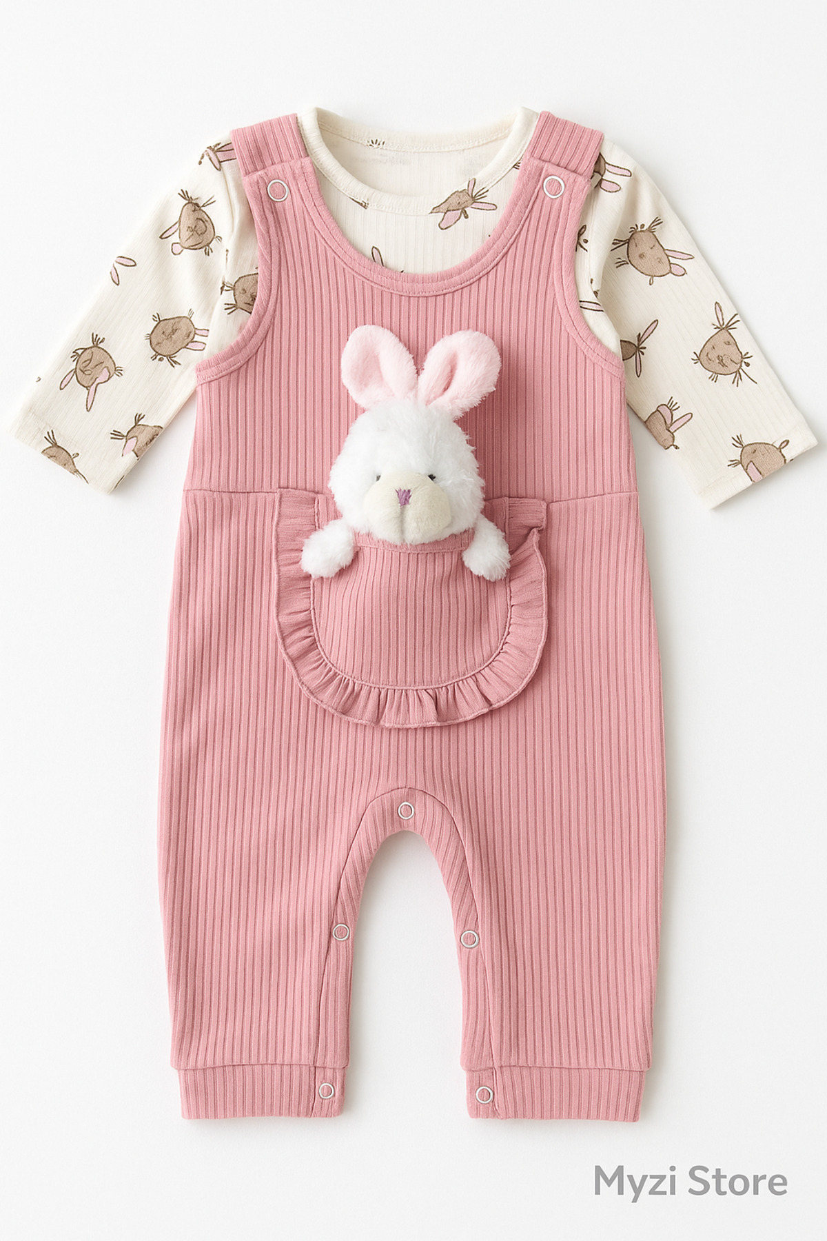 MYZİ STORE %100 Pamuk Cilt Dostu KIZ Bebek Tulum Seti – Ayıcık Cepli, İç Bodyli fotoğrafı 4 (önizleme)