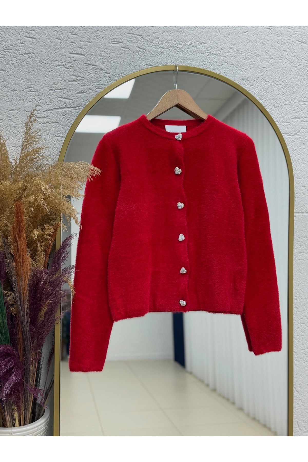 BENAHOLL Davuna Kalp Düğmeli Mini Hırka-KR3194 Kırmızı