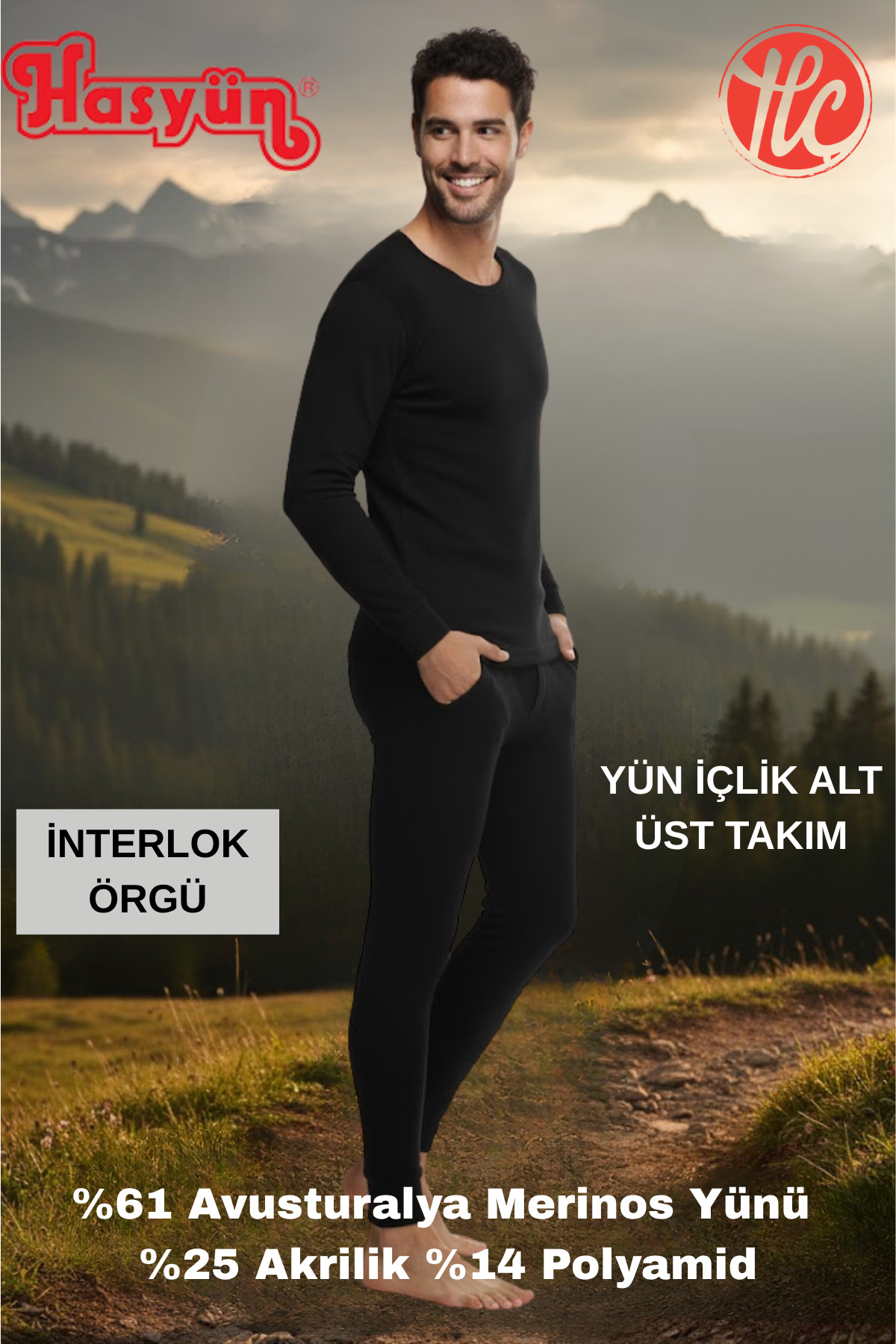 Genel Markalar Erkek Siyah %61 Yün Ter Emici Kaşındırmaz İçlik Uzun Kol Üst Alt Takım görsel 3