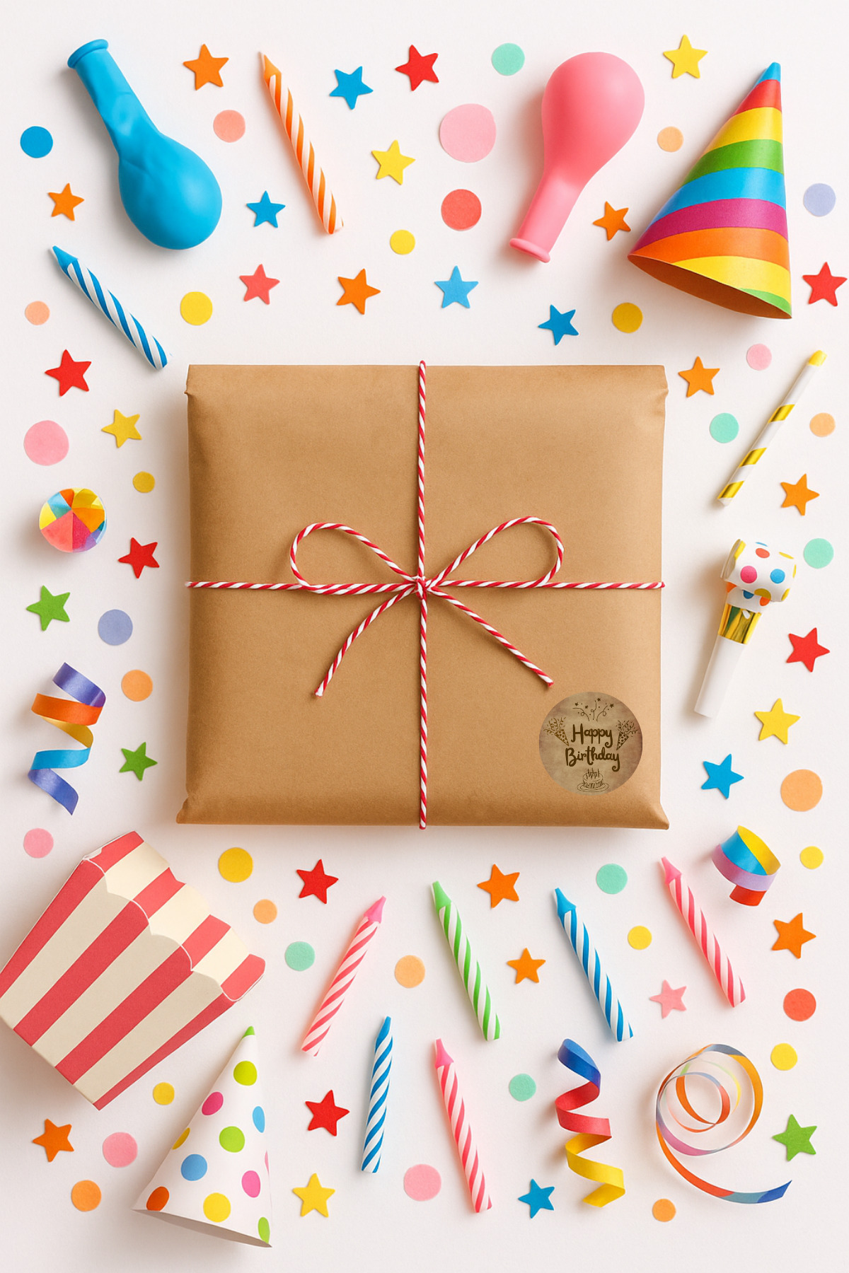 Dekals 3lu Set Orta Boy Doğum Günü (Happy Birthday) Hediye Paketi Seti (22x35 Paket+ip+ ETİKET-6CM)