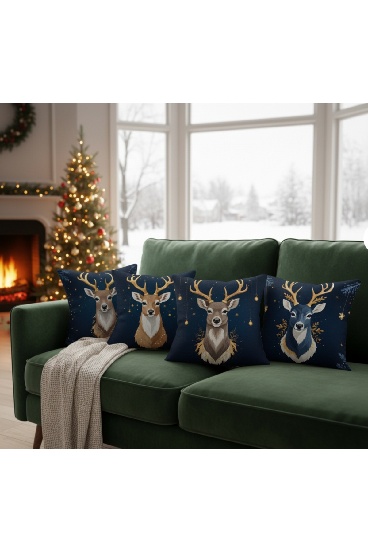 Dark Blue Gold Deer Patterned 4-Piece Christmas Cushion Pouch Set Premium Digital Printing Christmas Decor