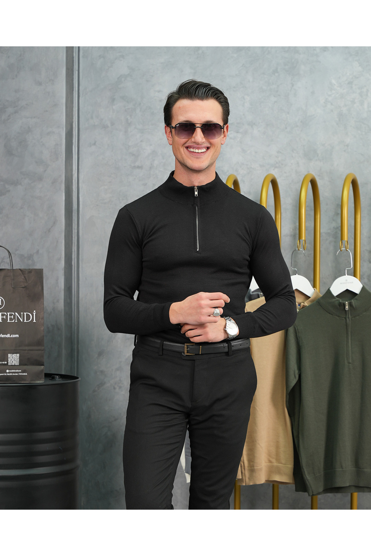 MODEFENDİ Erkek Siyah Pamuk Likra Slim Fit Yarım Fermuarlı Düz Kazak görsel 3