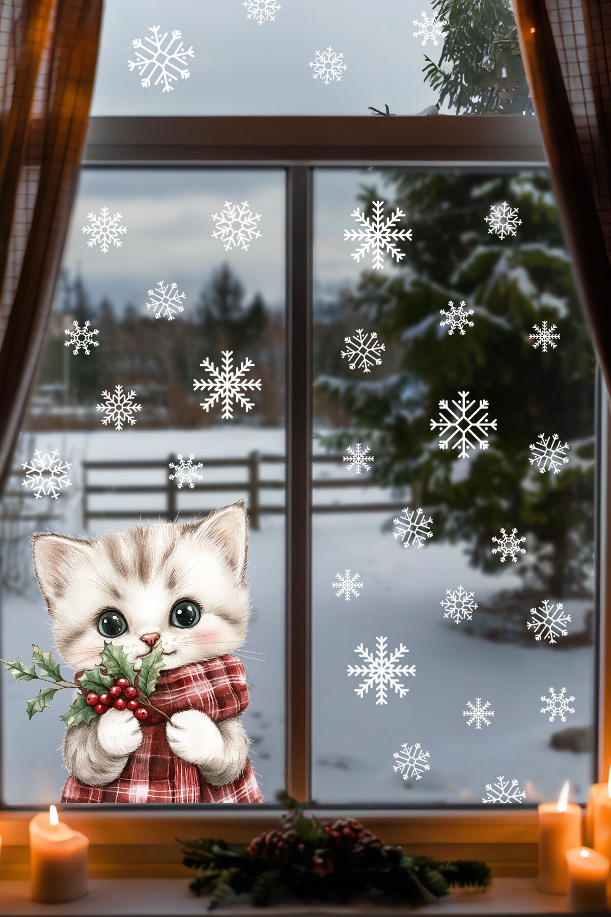 MSticker Şaşkın Kedi & Kar Taneleri Cam Süsü – Çift Taraflı Baskı %100 Net Görünüm - Yılbaşını Bekleyen Kedi fotoğrafı 3 (önizleme)