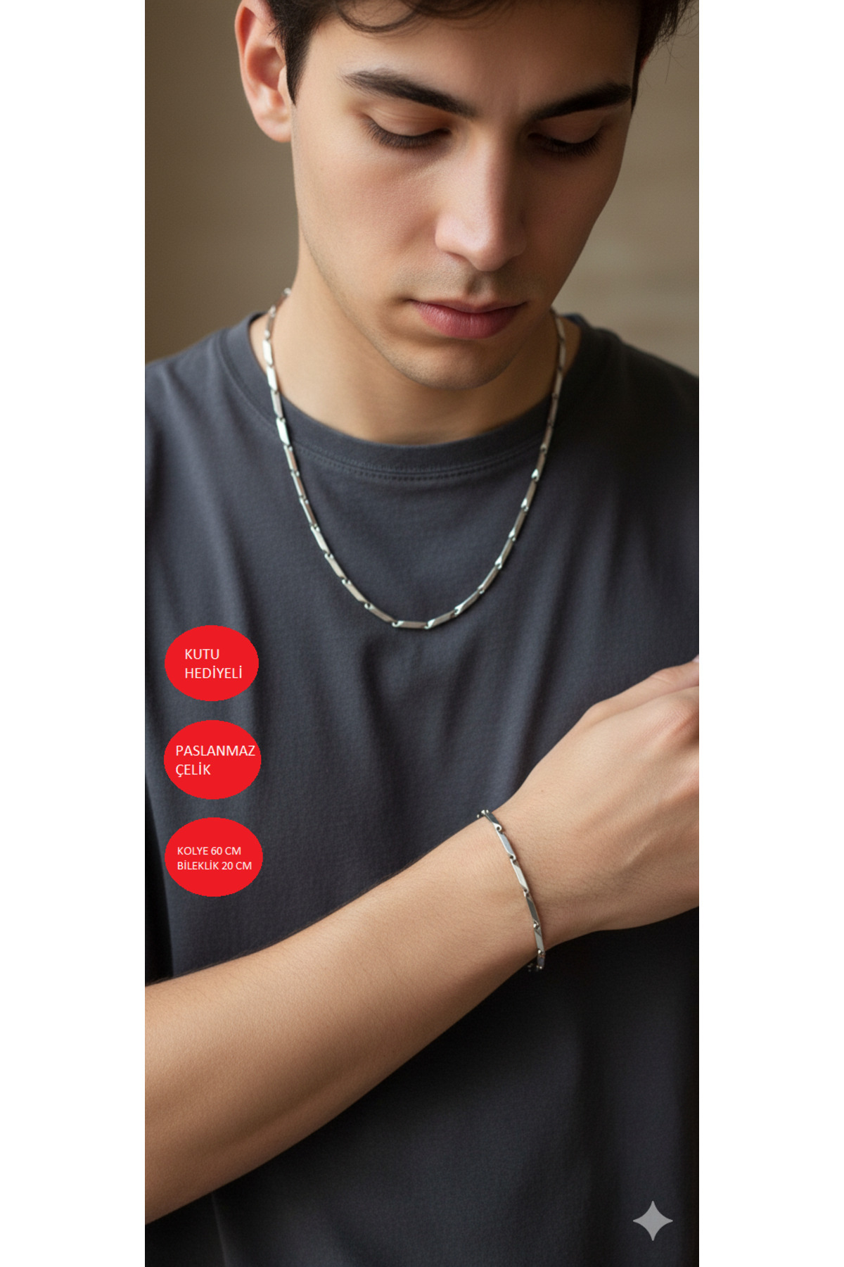 Shae Jewelry Kibrit Zincir Kolye Bileklik Set Paslanmaz Çelik