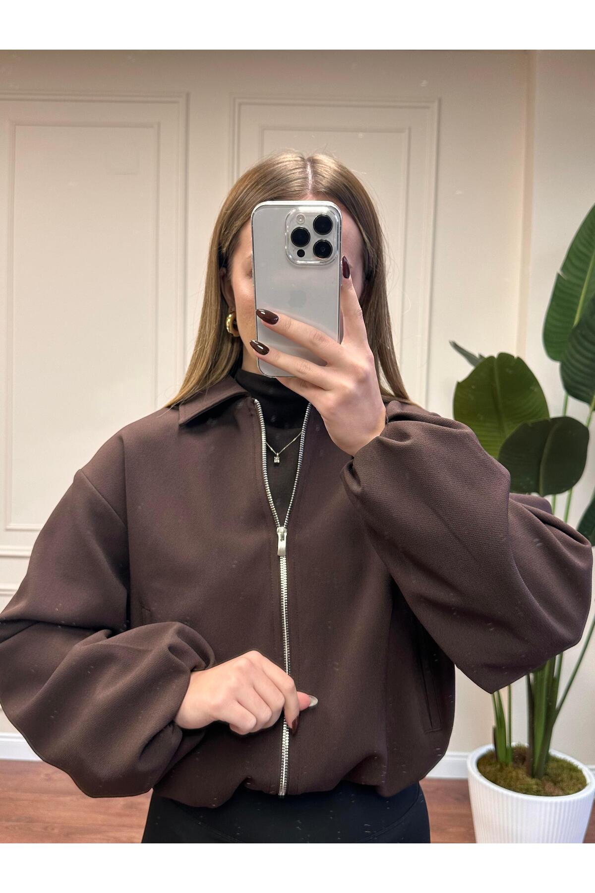 Alyalisbutik  FERMUARLI CROP CEKET - KAHVERENGİ - Görsel 3