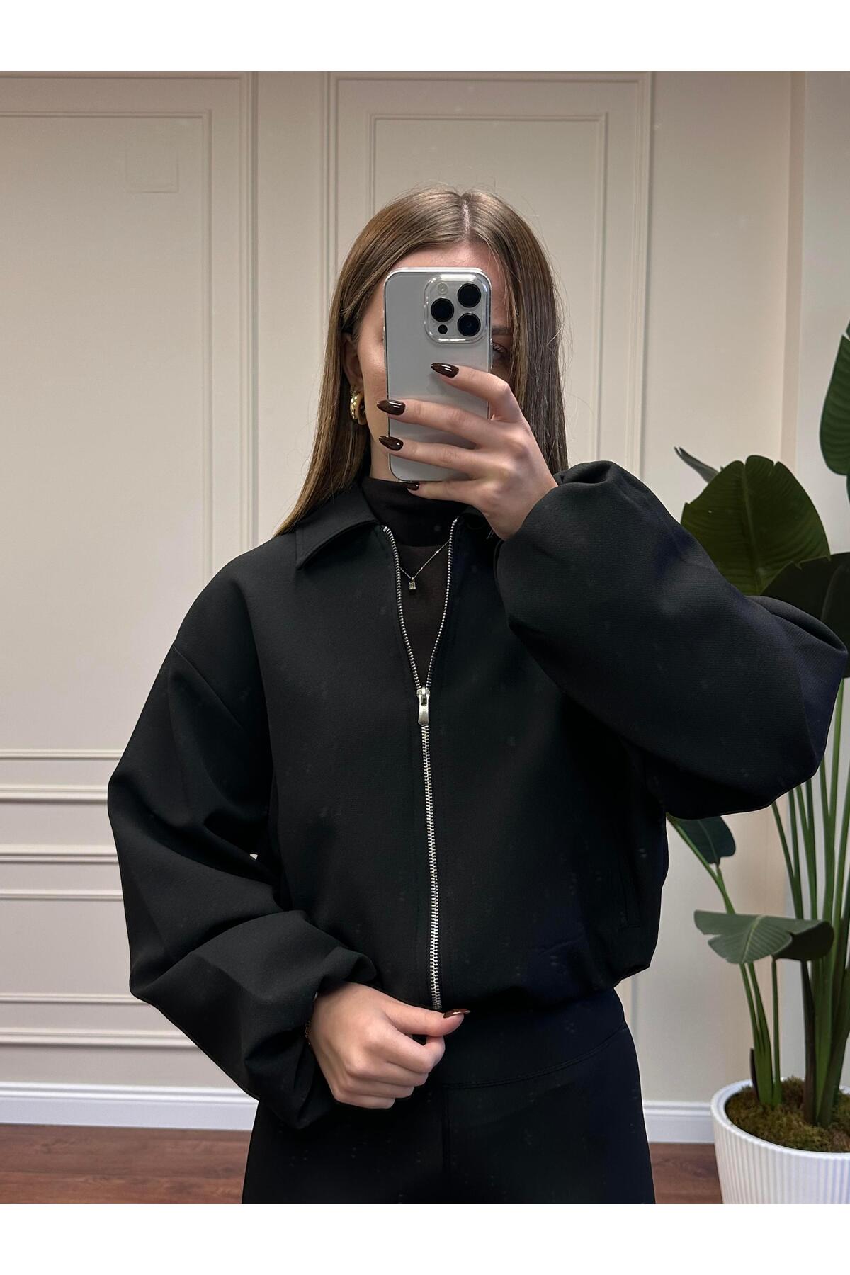 Alyalisbutik  FERMUARLI CROP CEKET- SİYAH - Görsel 3