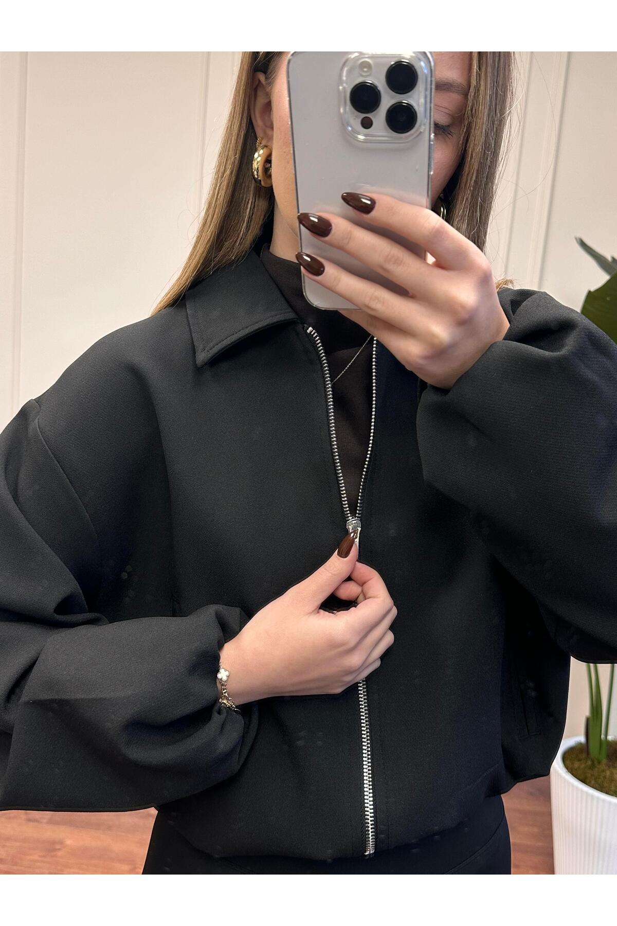 Alyalisbutik  FERMUARLI CROP CEKET- SİYAH - Görsel 4