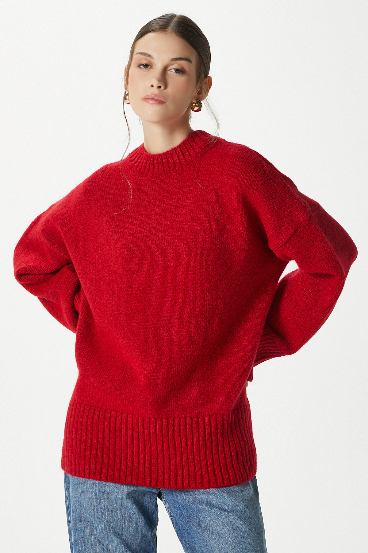 Ritnice Kadın Homy Yumuşacık Bisiklet Yaka Kırmızı Çizgili Oversize Triko Kazak