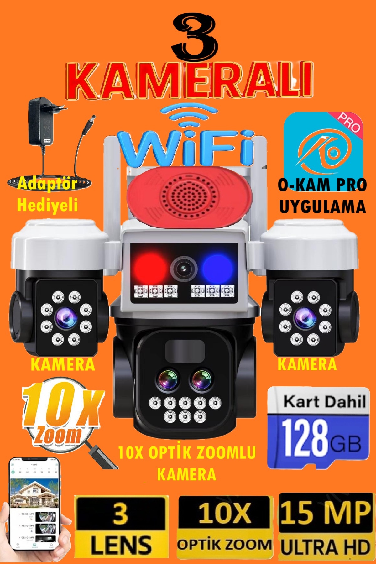 15MP 3 Camera 3 Screen Wifi 3 Camera Notification – Flashy, AI, Color Night Vision