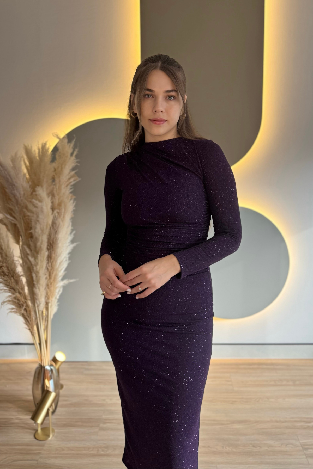 Draped Slit Long Sleeve Glitter Purple Midi Dress