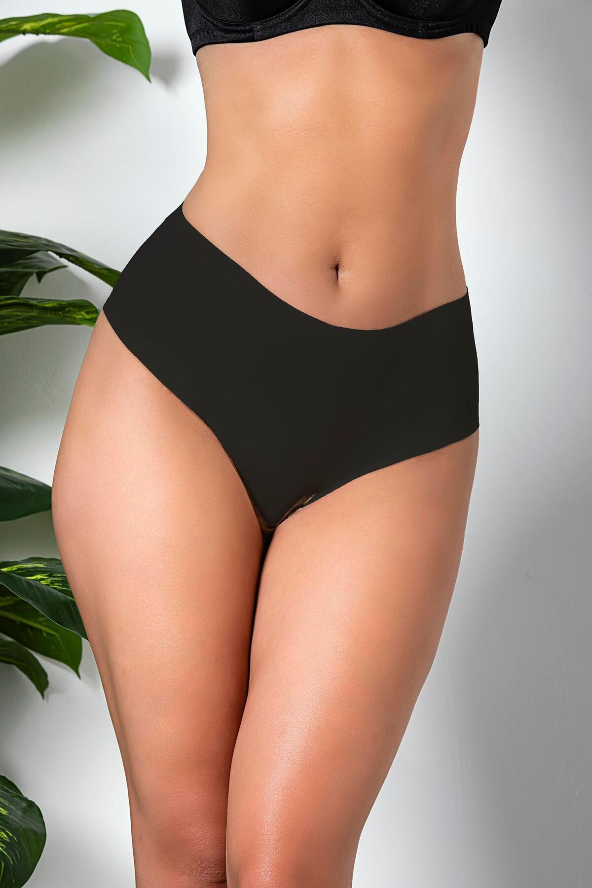 Katun 3'LÜ PAKET DİKİŞSİZ, İZ YAPMAZ, LAZER KESİM, YÜKSEK BEL SLİP KÜLOT SİYAH (MGP21263)