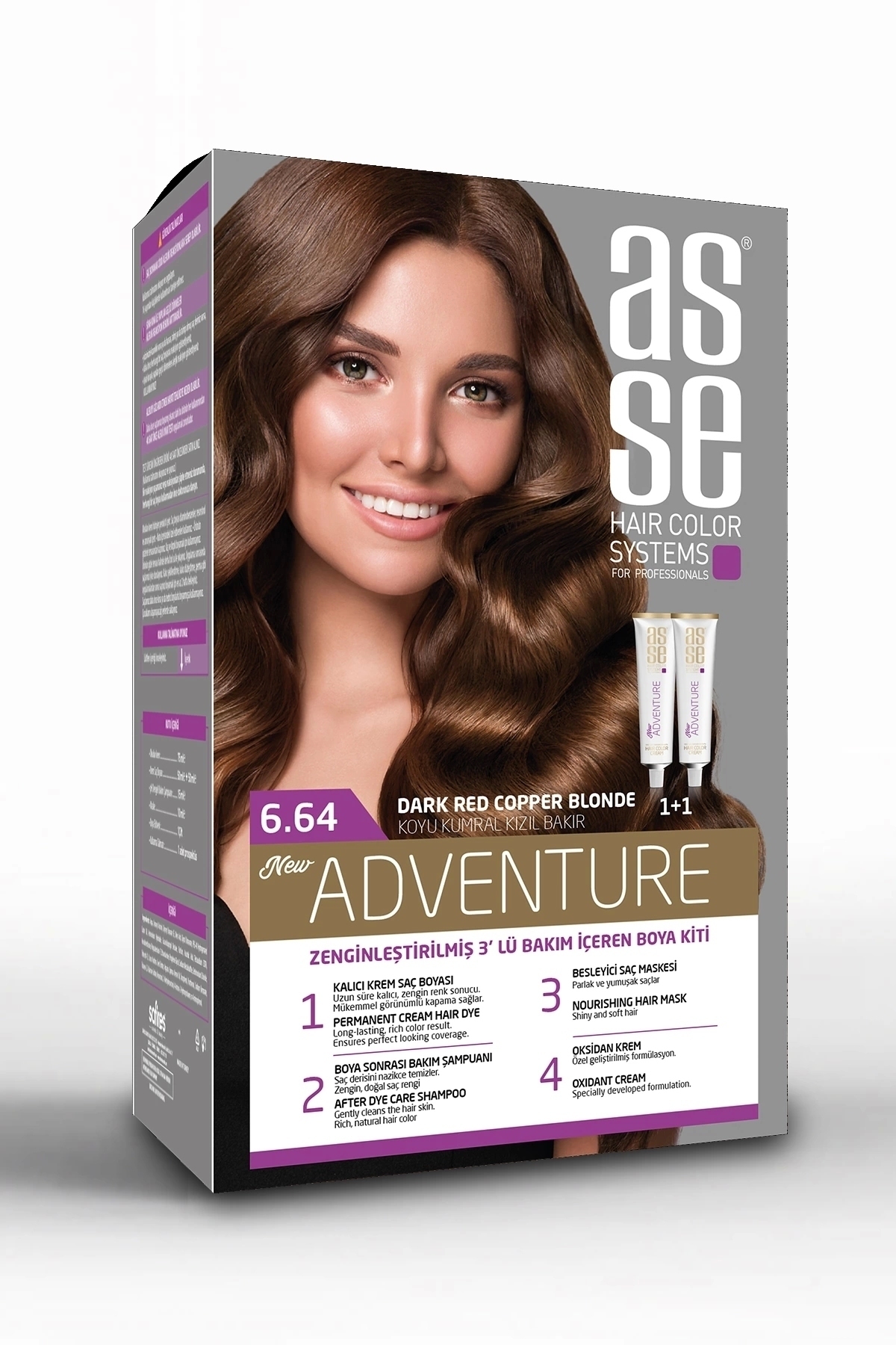 Adventure Set Saç Boyası Kalıcı ve Canlı Renkler 1+1 iki Kullanım (No:6.64 Koyu Kumral Kızıl Bakır) — نارنجی 8682943400813