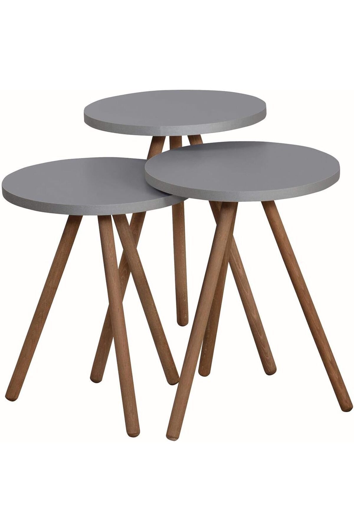 STOREMAX Renkli Üçlü Zigon Sehpa Ahşap Ayaklı Yuvarlak Pastel Tasarım Gri 1178367