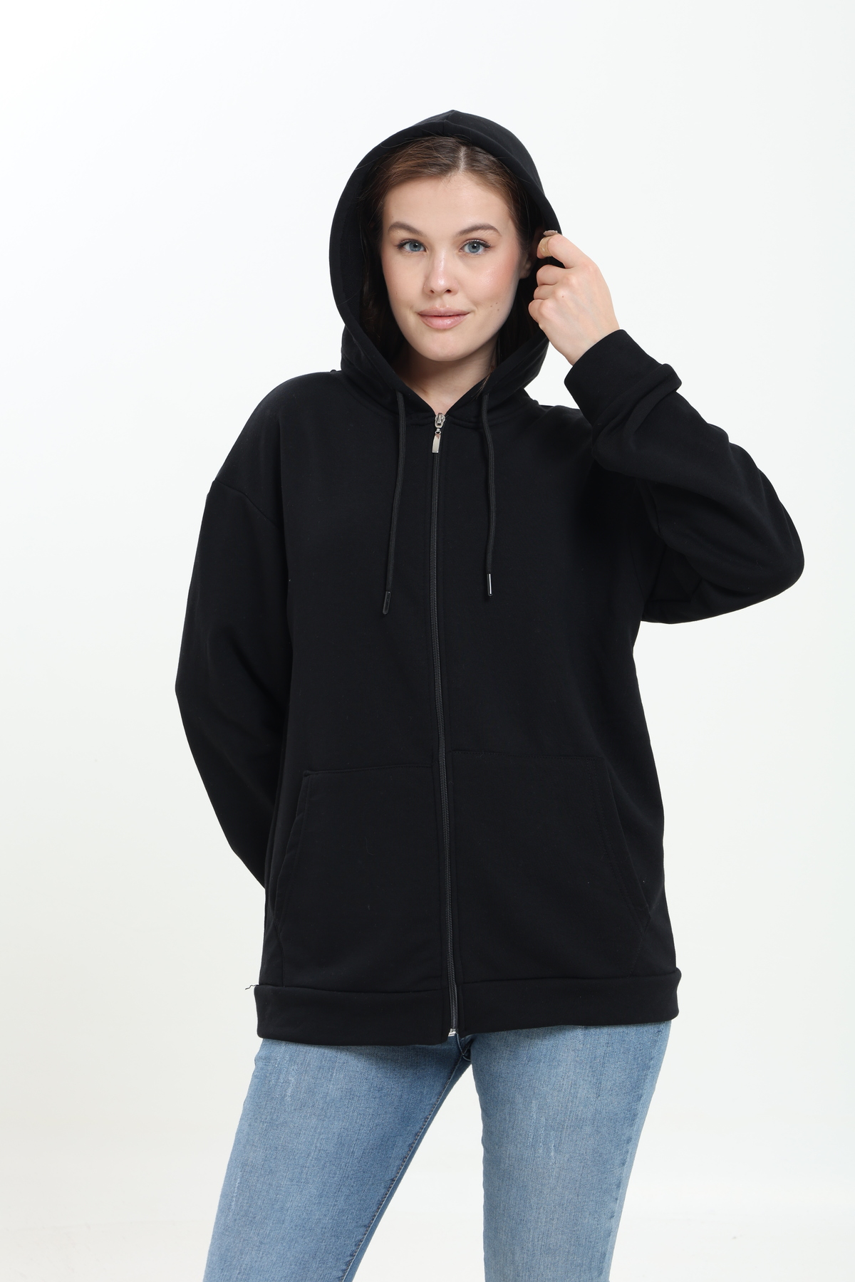Tight Lady %100 Pamuk Şardonsuz 3 iplik Oversize Geniş Kalıp Fermuarlı Kapüşonlu Kangru Cepli Sweatshirt Hırka görsel 7