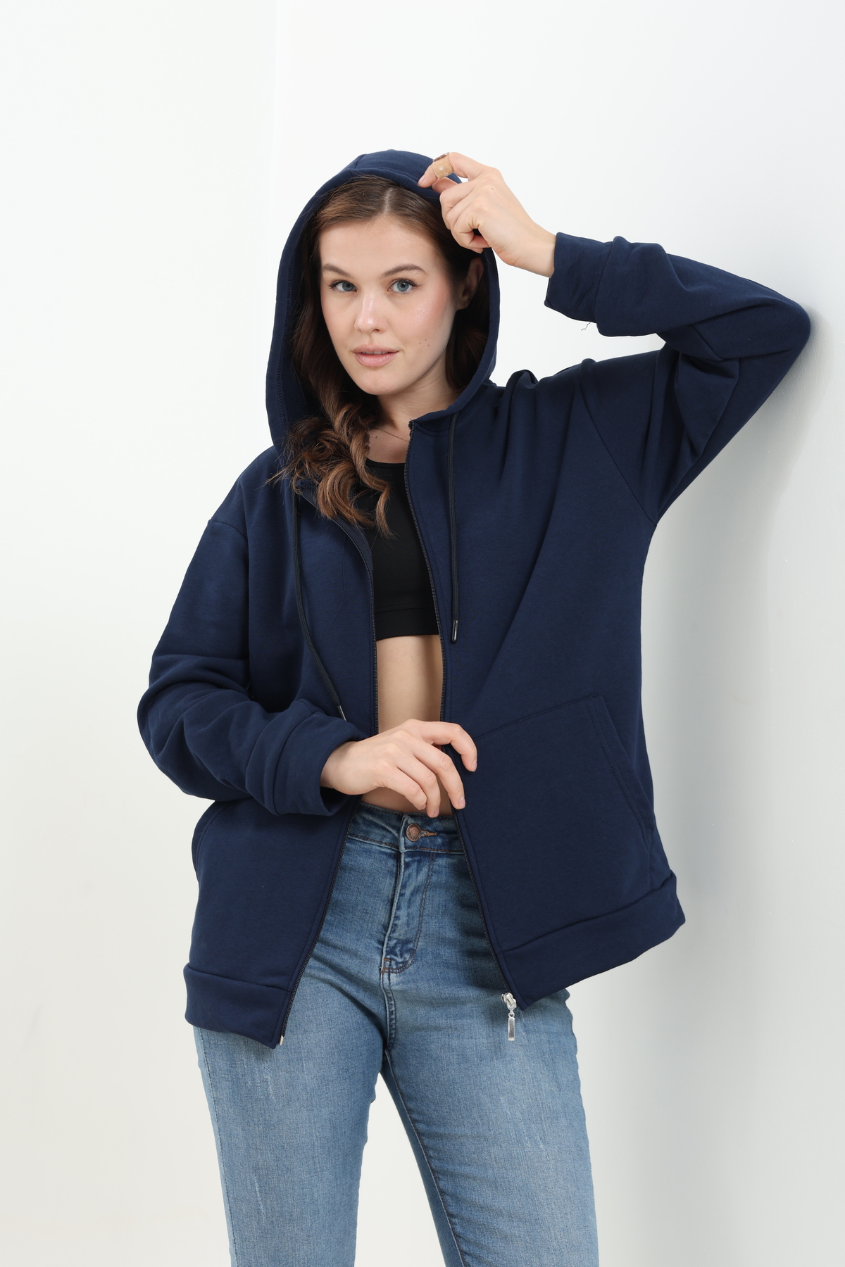 Tight Lady %100 Pamuk Şardonsuz 3 iplik Oversize Geniş Kalıp Fermuarlı Kapüşonlu Kangru Cepli Sweatshirt Hırka görsel 7