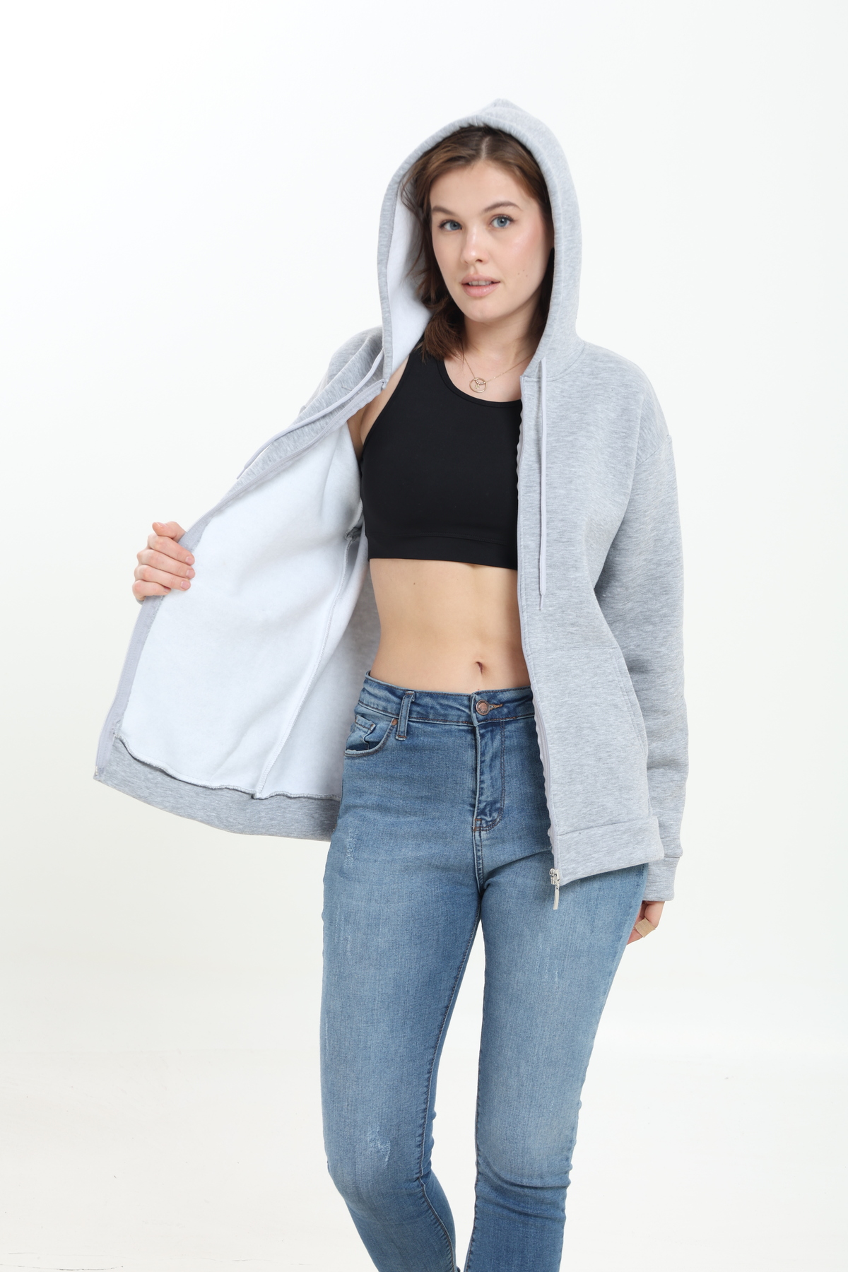Tight Lady Gri Melanj 3 iplik Kanguru Cepli Kapüşonlu Fermuarlı içi Polarlı Oversize Kadın Sweatshirt Hırka