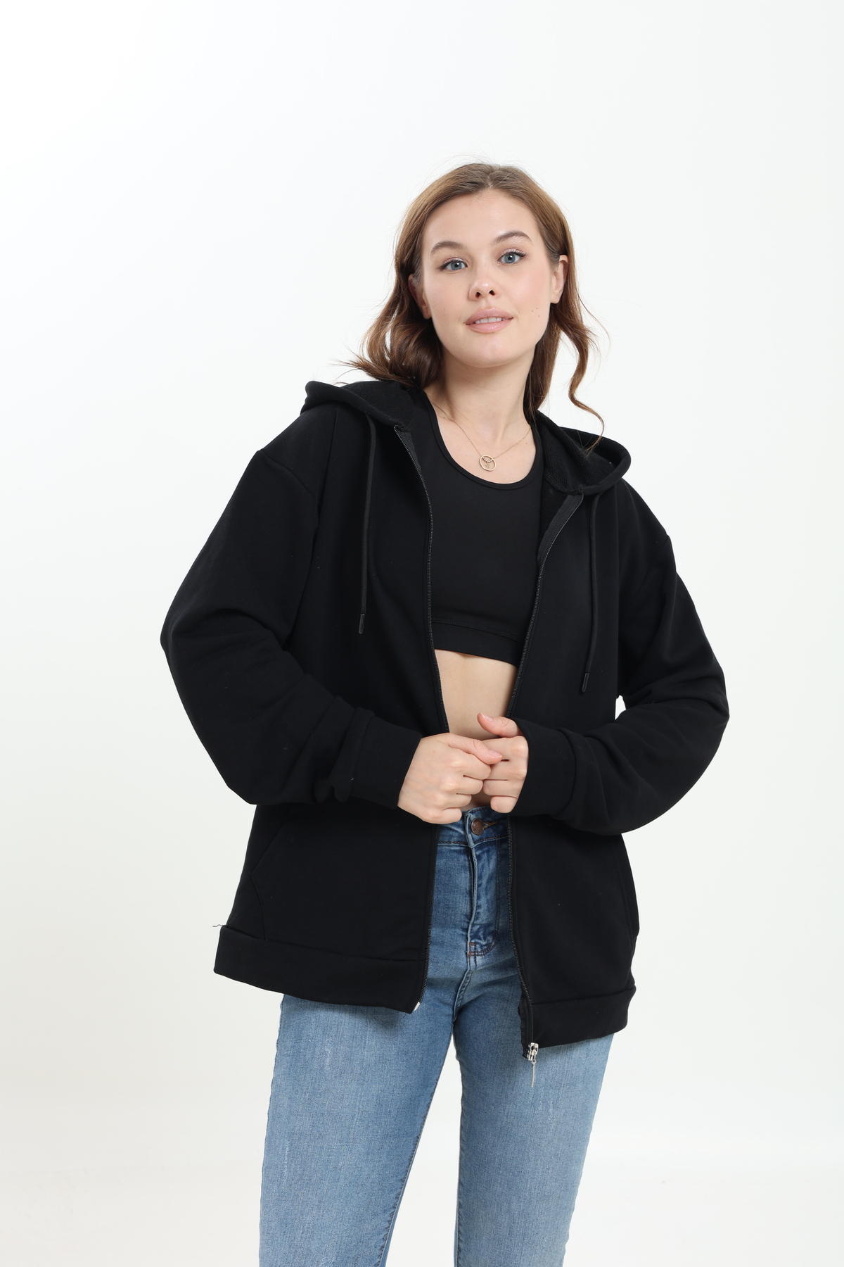 Tight Lady %100 Pamuk Şardonsuz 3 iplik Oversize Geniş Kalıp Fermuarlı Kapüşonlu Kangru Cepli Sweatshirt Hırka