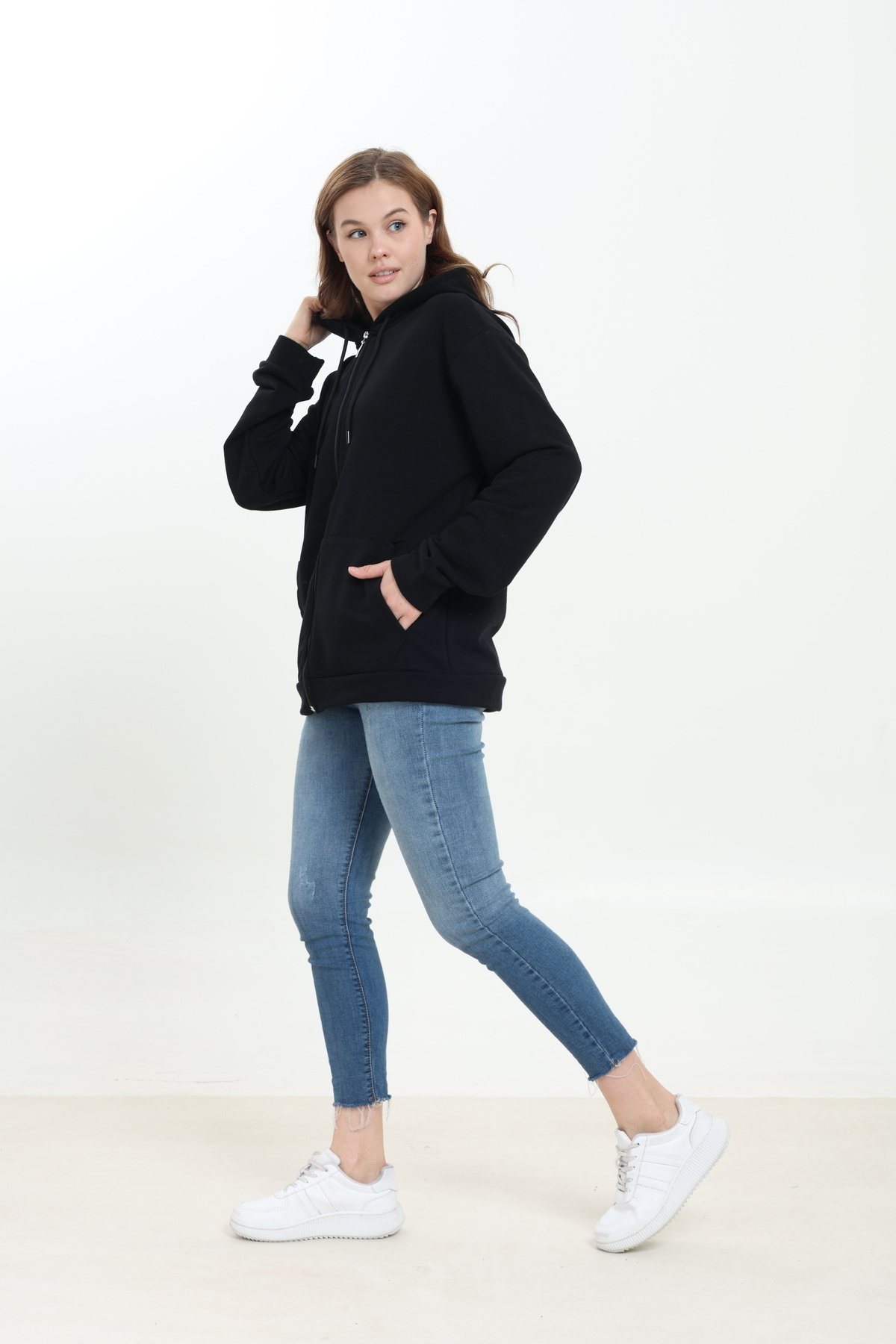 Tight Lady %100 Pamuk Şardonsuz 3 iplik Oversize Geniş Kalıp Fermuarlı Kapüşonlu Kangru Cepli Sweatshirt Hırka görsel 4