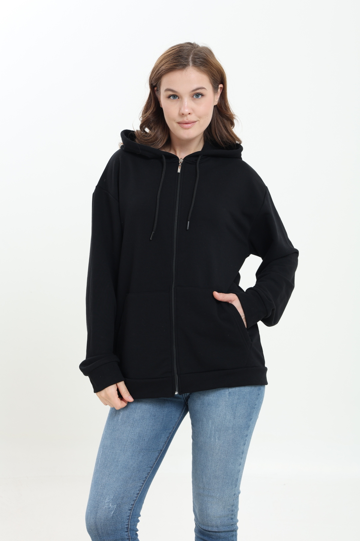 Tight Lady %100 Pamuk Şardonsuz 3 iplik Oversize Geniş Kalıp Fermuarlı Kapüşonlu Kangru Cepli Sweatshirt Hırka görsel 5