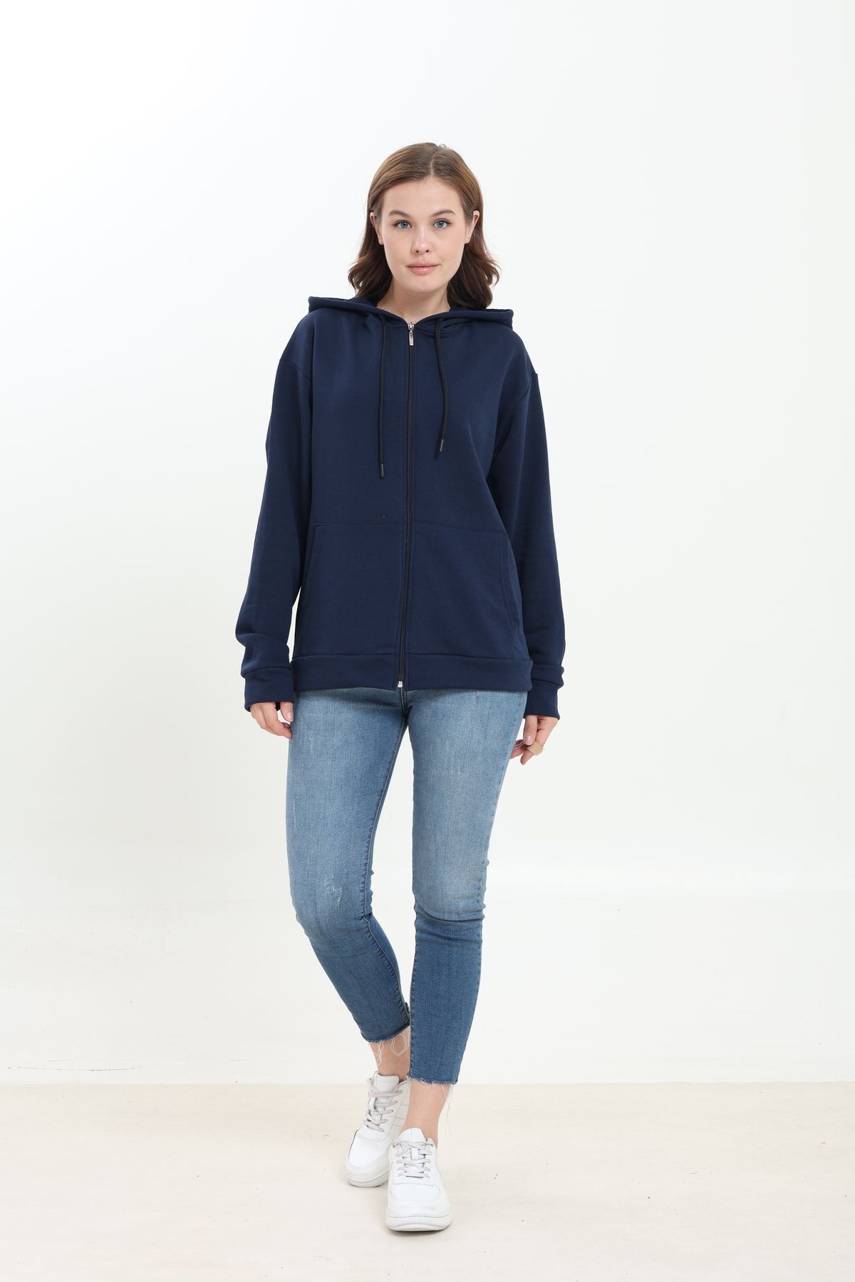 Tight Lady %100 Pamuk Şardonsuz 3 iplik Oversize Geniş Kalıp Fermuarlı Kapüşonlu Kangru Cepli Sweatshirt Hırka görsel 2
