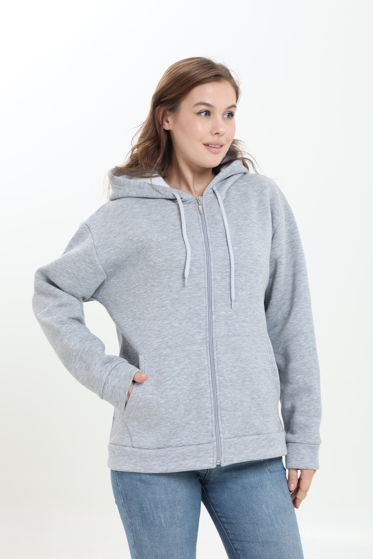 Tight Lady Gri Melanj 3 iplik Kanguru Cepli Kapüşonlu Fermuarlı içi Polarlı Oversize Kadın Sweatshirt Hırka görsel 4