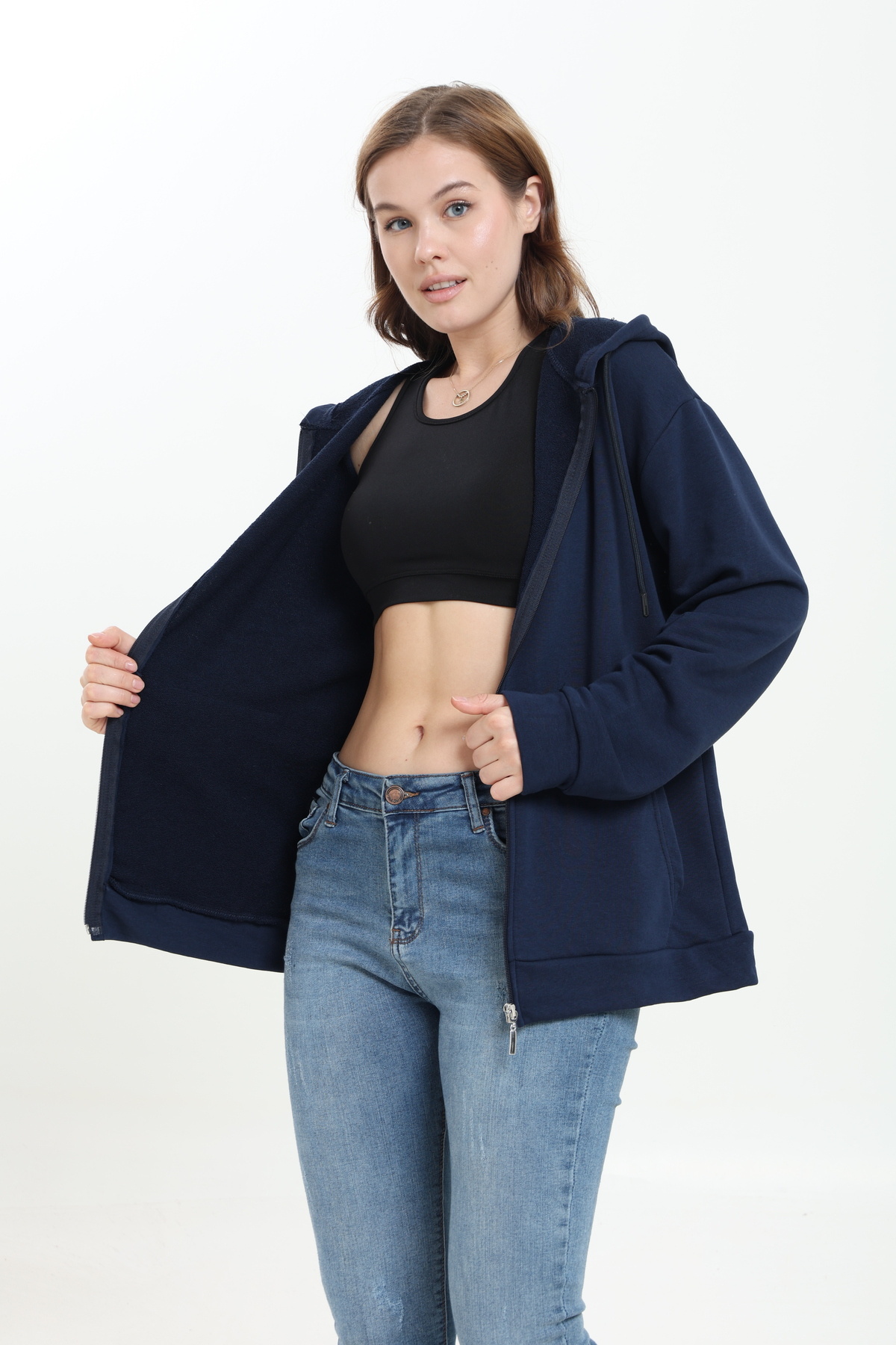 Tight Lady %100 Pamuk Şardonsuz 3 iplik Oversize Geniş Kalıp Fermuarlı Kapüşonlu Kangru Cepli Sweatshirt Hırka