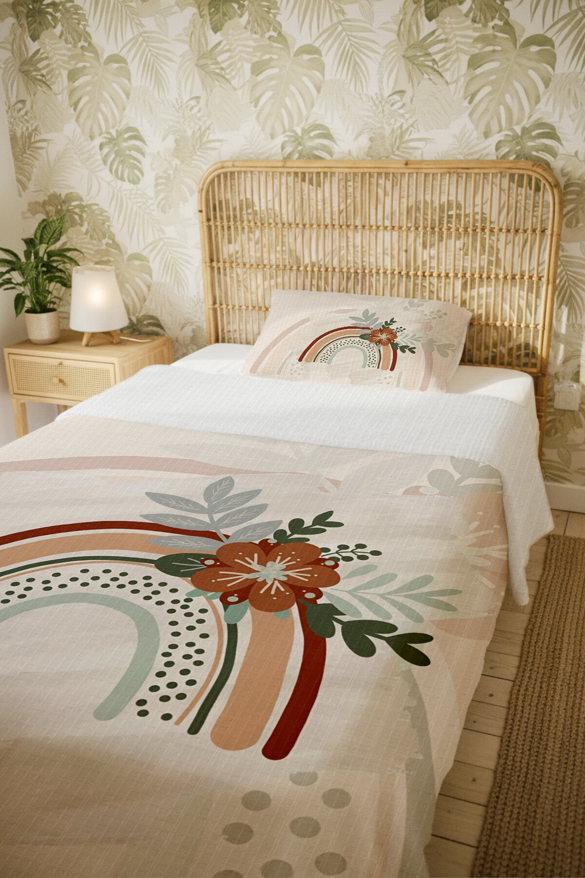 Evpanya %100 Pamuk Bohem Çiçekli Gökkuşağı Desenli Tek Kişilik Pike Seti fotoğrafı 5 (önizleme)