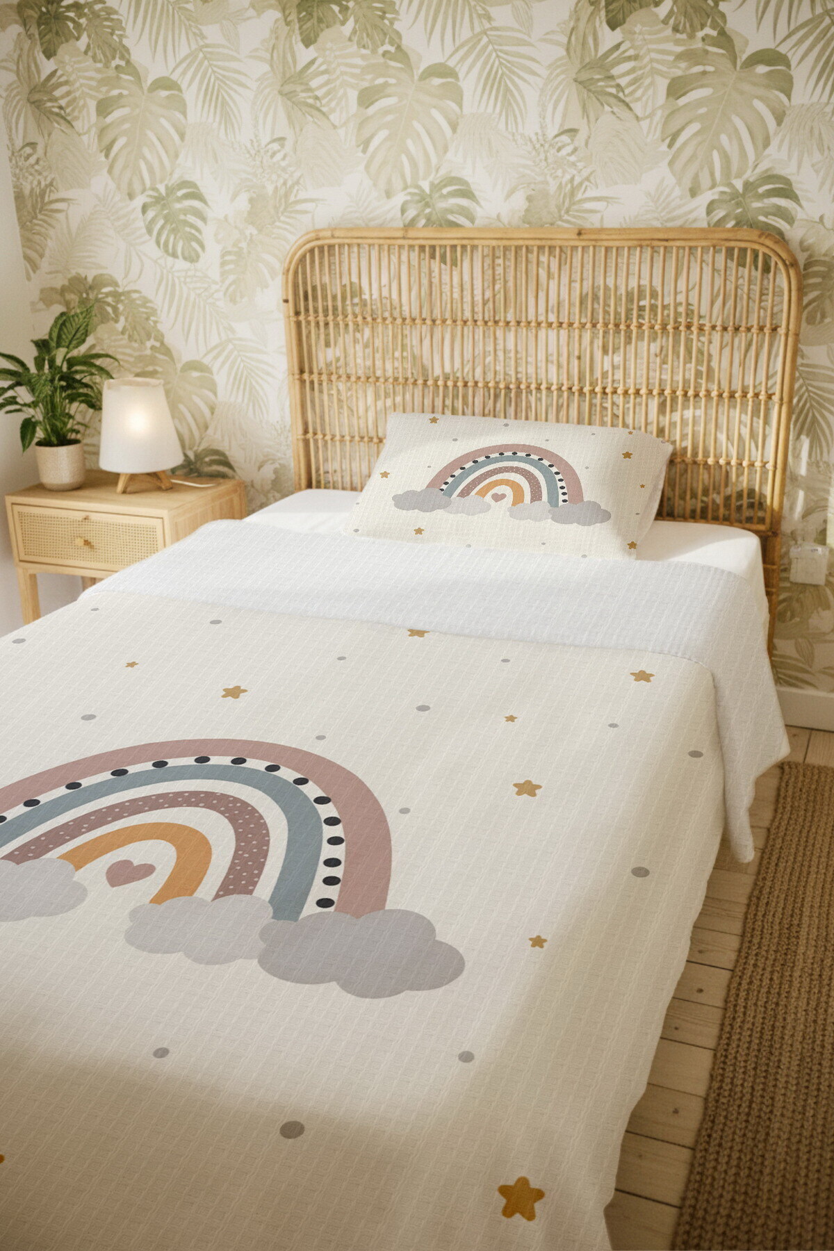Evpanya %100 Pamuk Sade Pastel Gökkuşağı Desenli Tek Kişilik Pike Seti fotoğrafı 5 (önizleme)