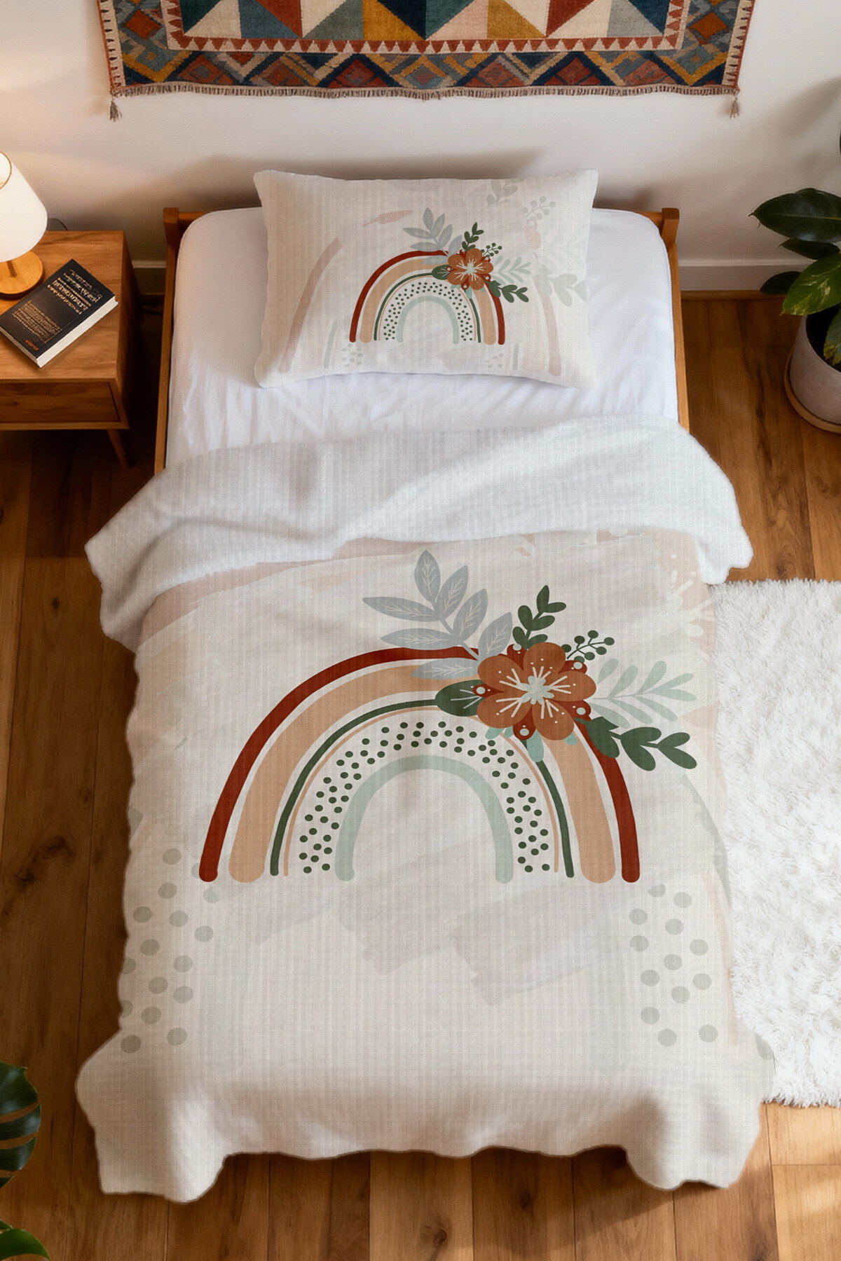 Evpanya %100 Pamuk Bohem Çiçekli Gökkuşağı Desenli Tek Kişilik Pike Seti fotoğrafı 4 (önizleme)