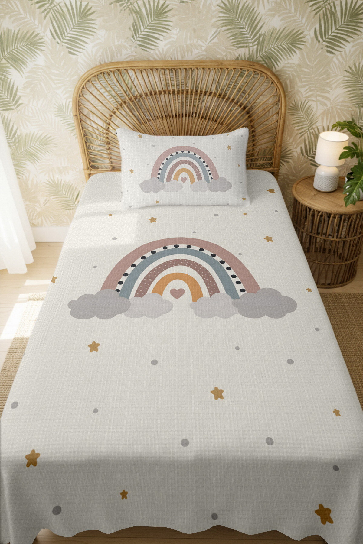 Evpanya %100 Pamuk Sade Pastel Gökkuşağı Desenli Tek Kişilik Pike Seti fotoğrafı 3 (önizleme)