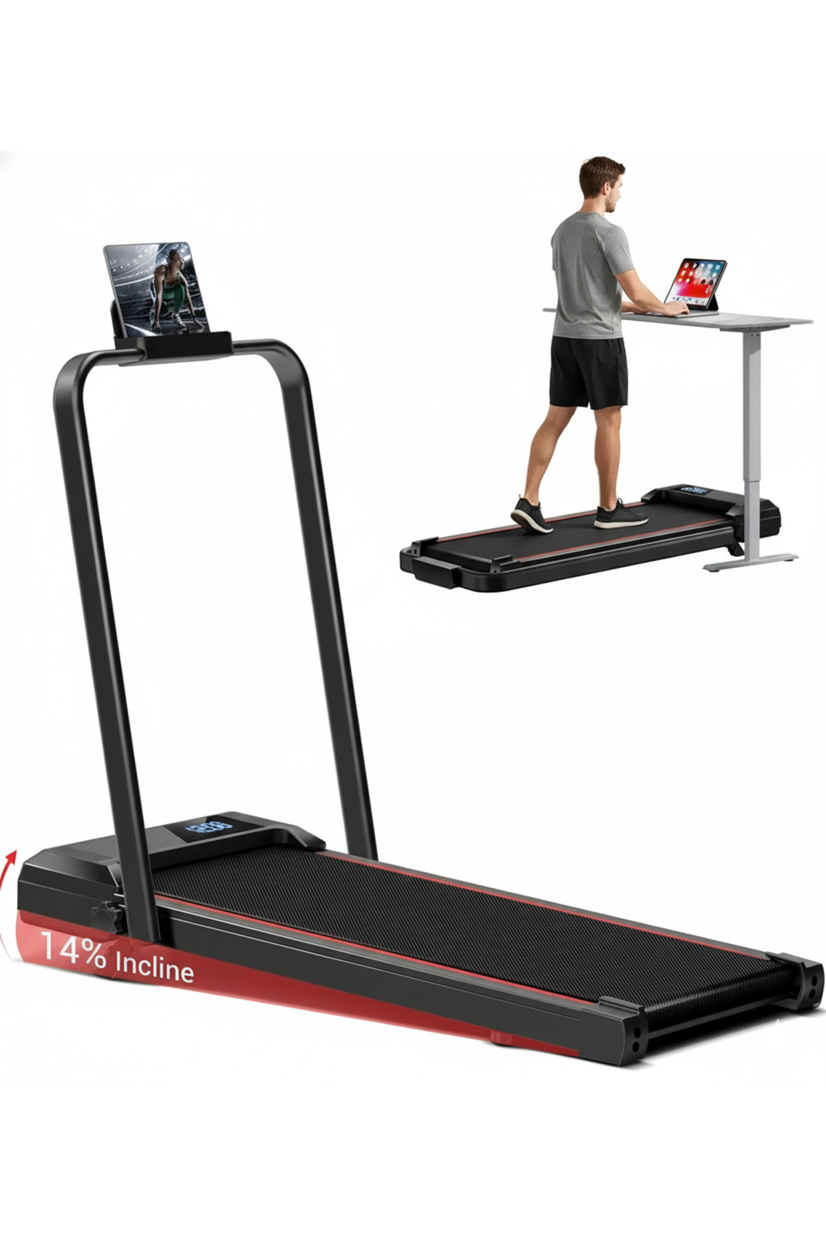 Ehi جهاز مشي 3 في 1 محمول تحت المكتب مع وسادة مشي مائلة بنسبة 14% للمنزل والمكتب