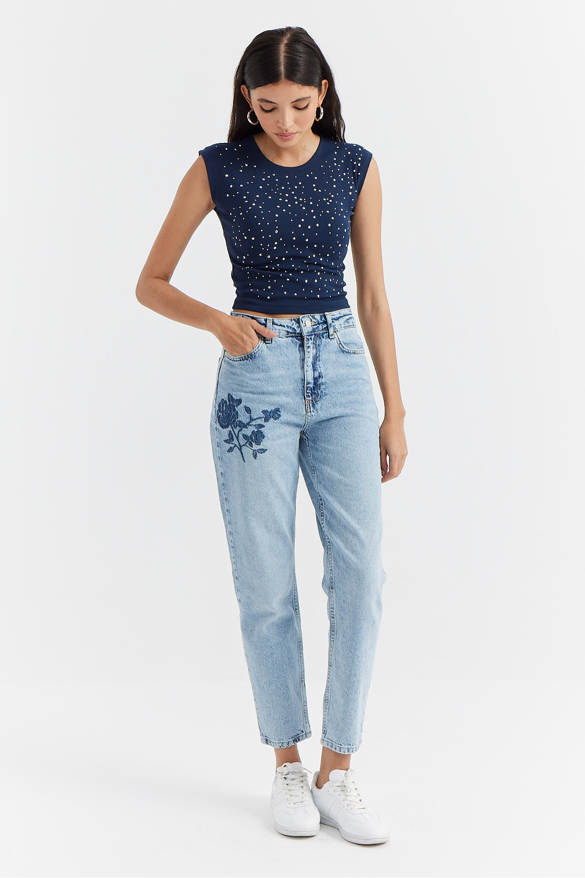 PAULMARK  Kadın Yüksek Bel Nakış Detaylı Kot Pantolon - Görsel 3